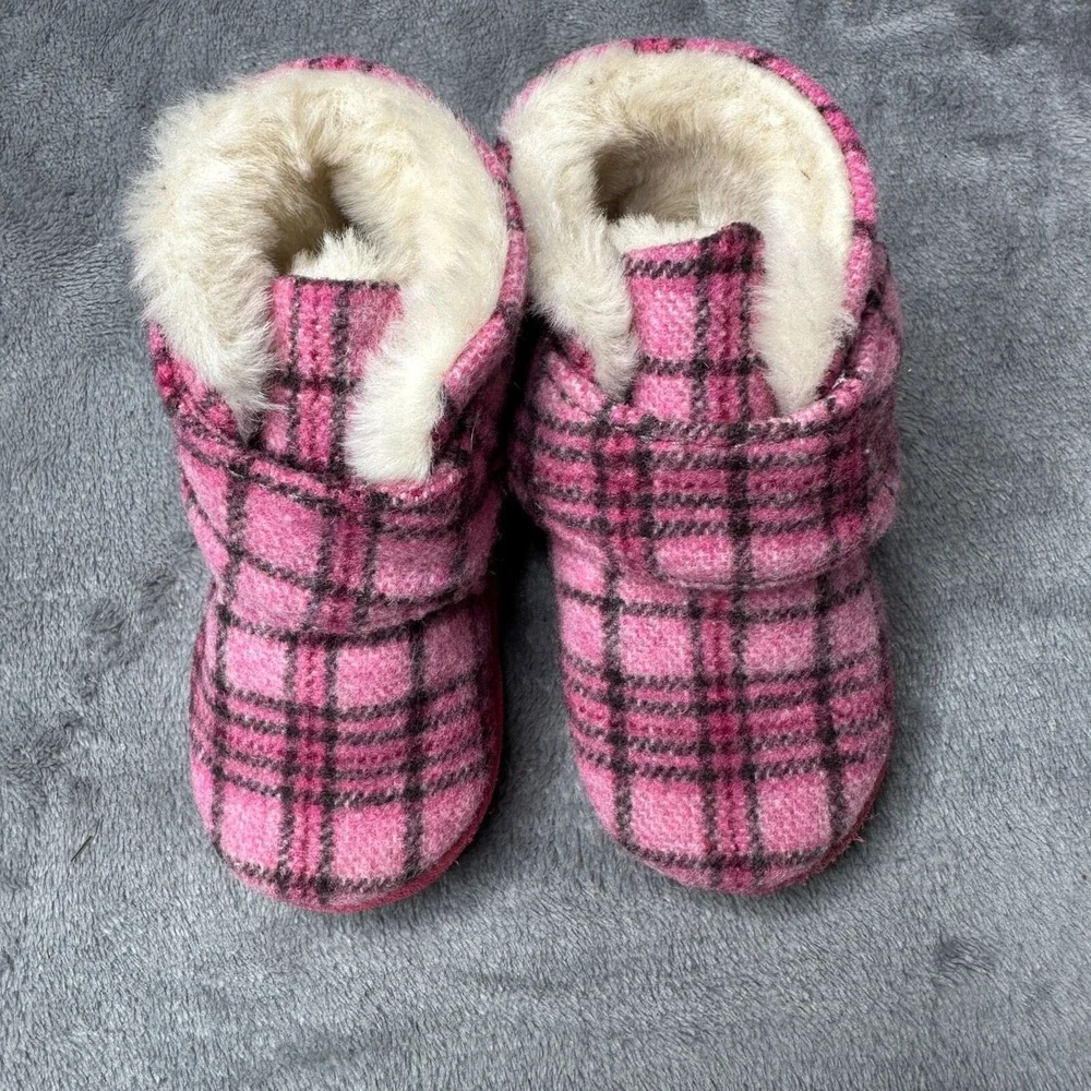 Minnetonka Slipper Boots Toddler Girls Sz 3 Pink Plaid Faux Fur Wool Lined Cozy